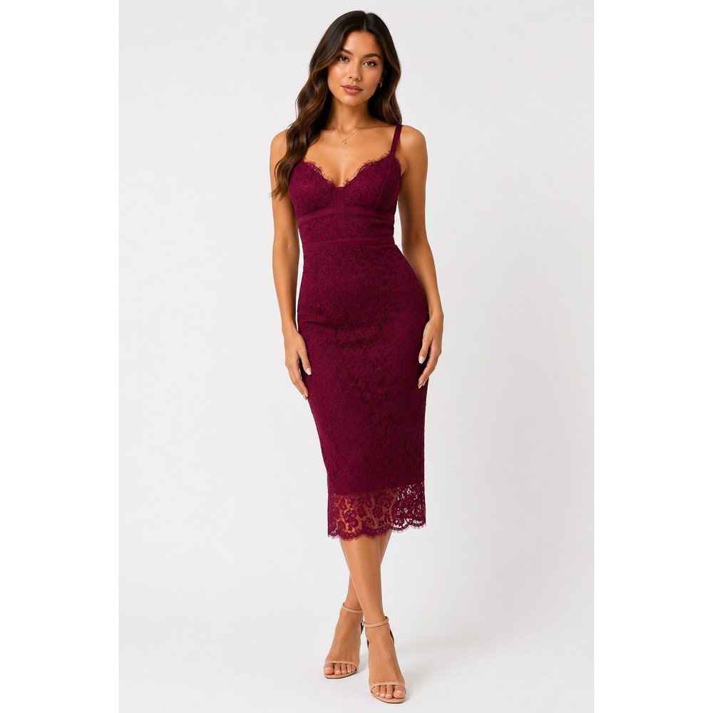 Keepsake Interlude Berry Red Lace Midi Dress Cocktail Wedding Guest S